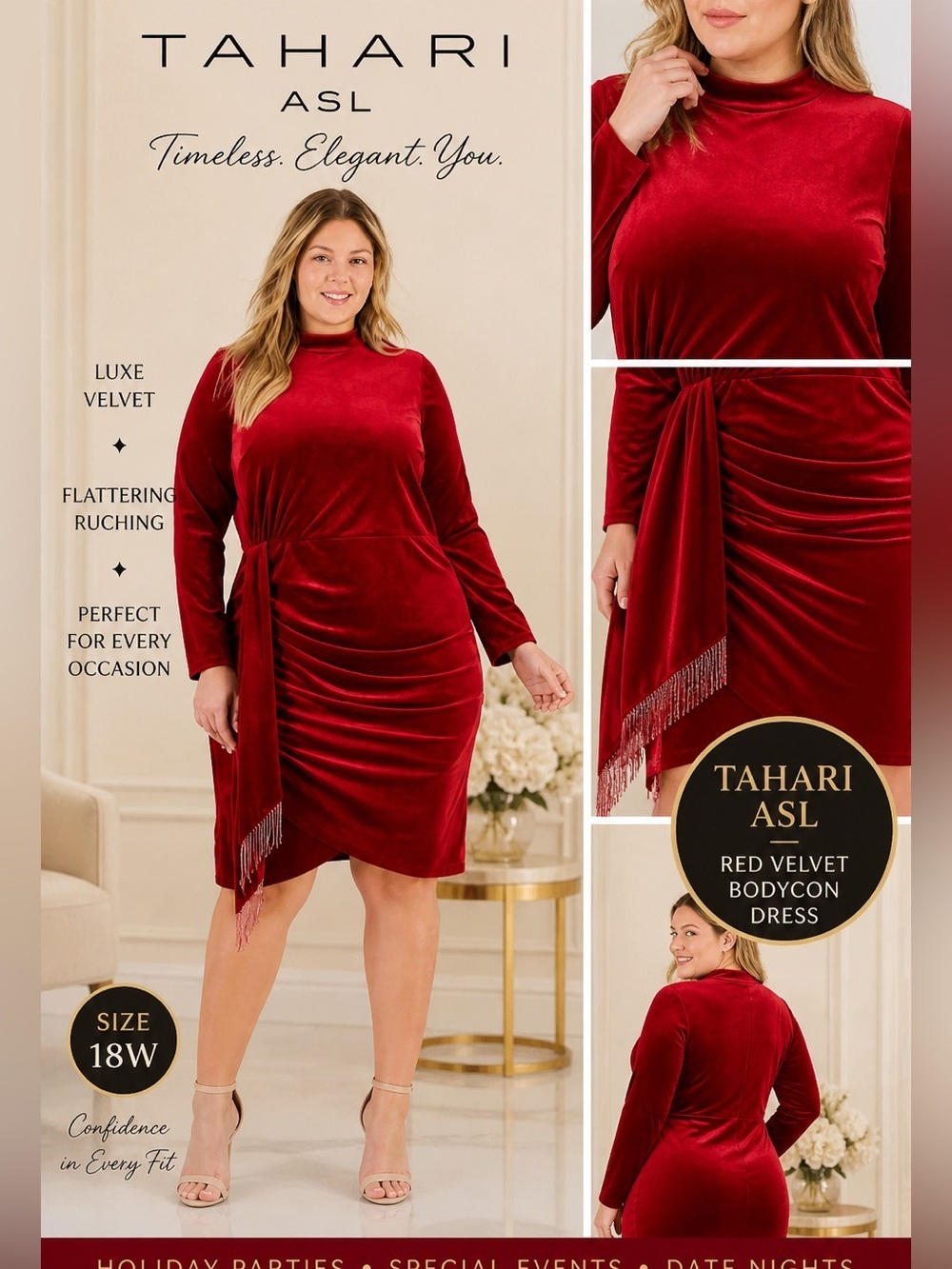 Tahari ASL Plus Size 18W Red Velvet Bodycon Dress NWT Party Cocktail Mock Neck - Picture 1 of 8